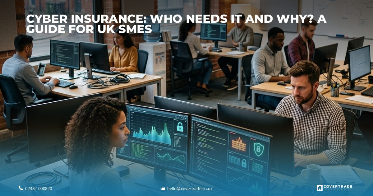 UK office with cybersecurity symbols, representing cyber insurance for SMEs.
