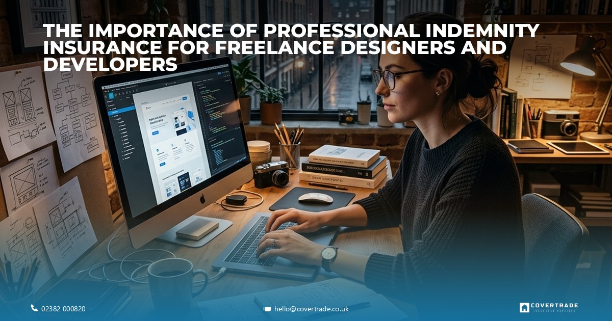Freelance designer with sketches and coding notes illustrating professional indemnity insurance.