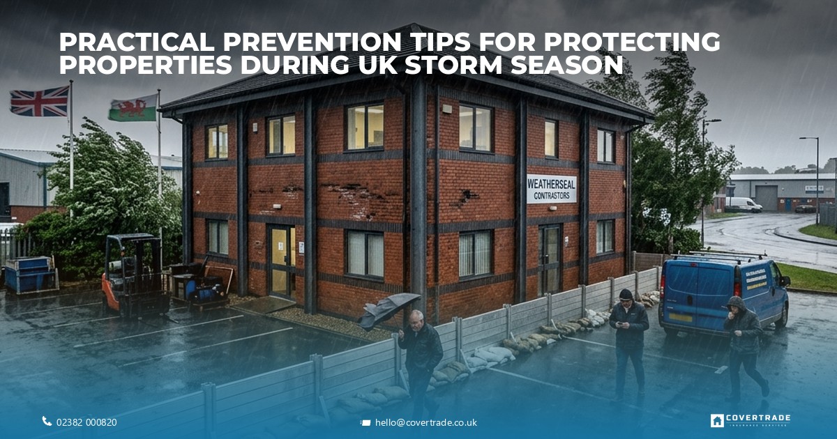 Commercial property with storm protection measures in place during UK storm season.